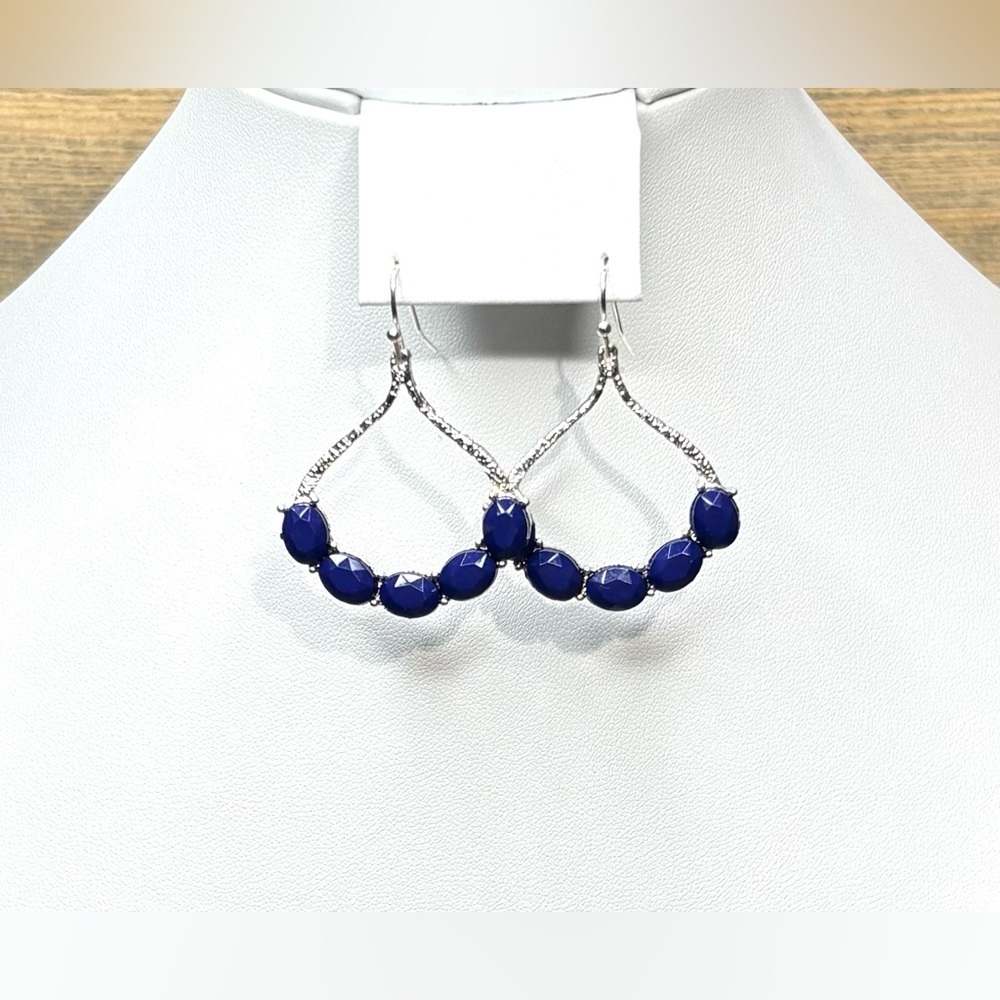 Silver toned earrings with navy blue gems J57